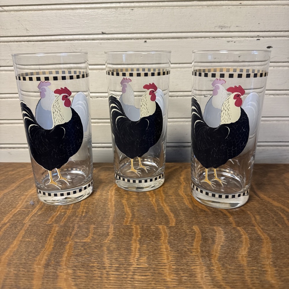 Set of 3 Warren Kimble Rooster Highball Country Farmhouse Glasses